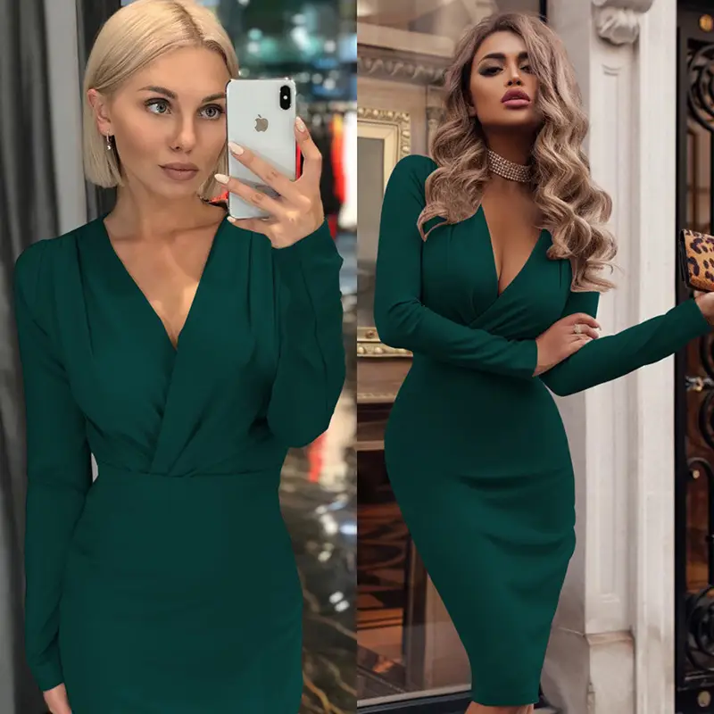 Women's Hip-Hugging Green Long Sleeve Dress - Image 6