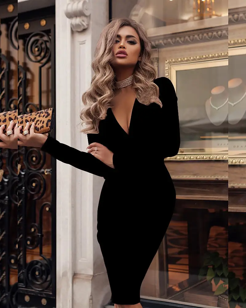 Women's Hip-Hugging Green Long Sleeve Dress - Image 9