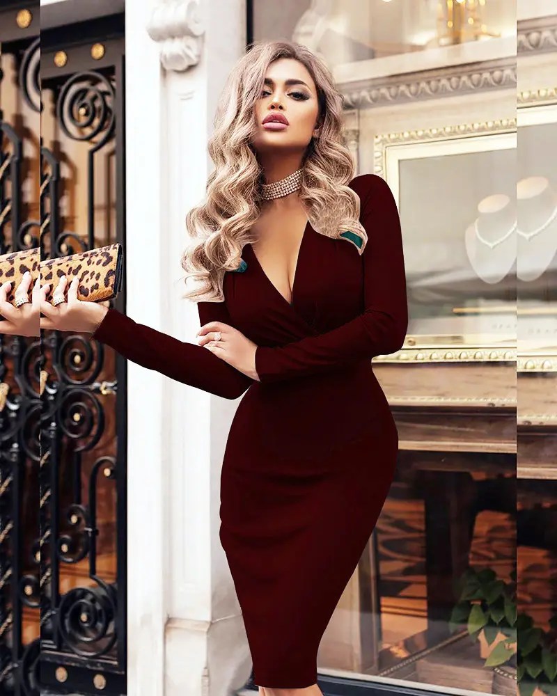 Women's Hip-Hugging Green Long Sleeve Dress - Image 2