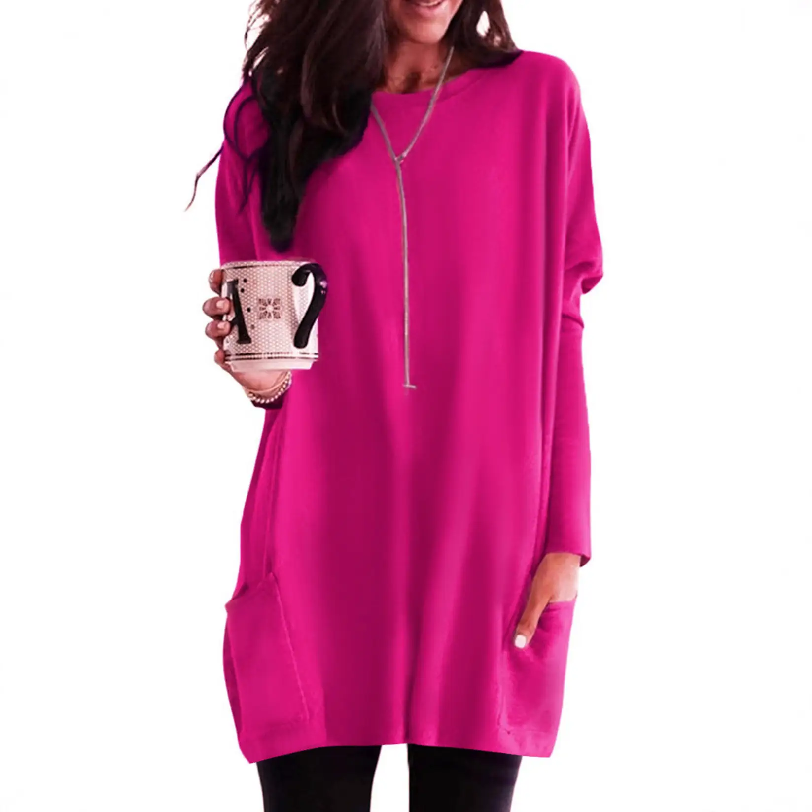 Women Black Bat Sleeve T-Shirt 2024 Casual Round Neck Pocket - Image 15