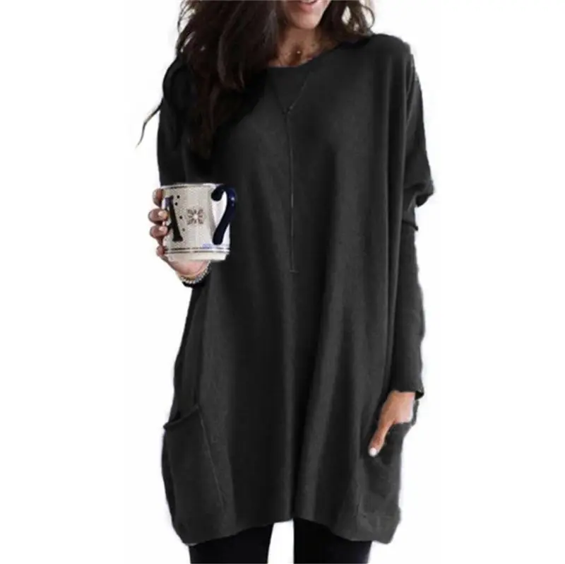 Women Black Bat Sleeve T-Shirt 2024 Casual Round Neck Pocket - Image 17