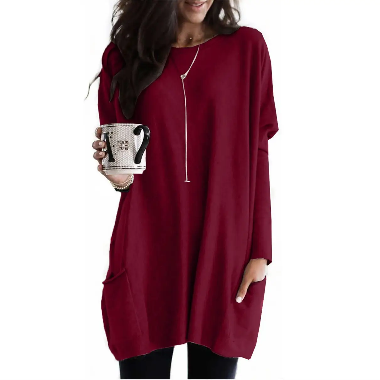 Women Black Bat Sleeve T-Shirt 2024 Casual Round Neck Pocket - Image 10
