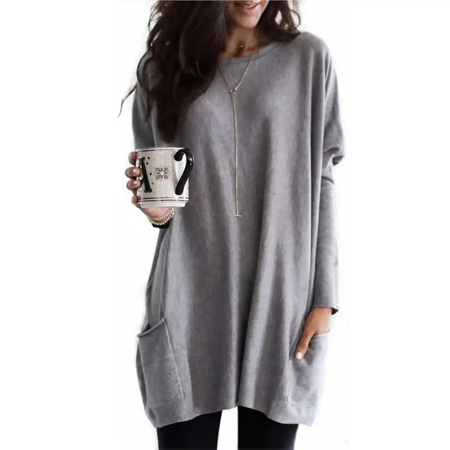 Women Black Bat Sleeve T-Shirt 2024 Casual Round Neck Pocket - Image 2