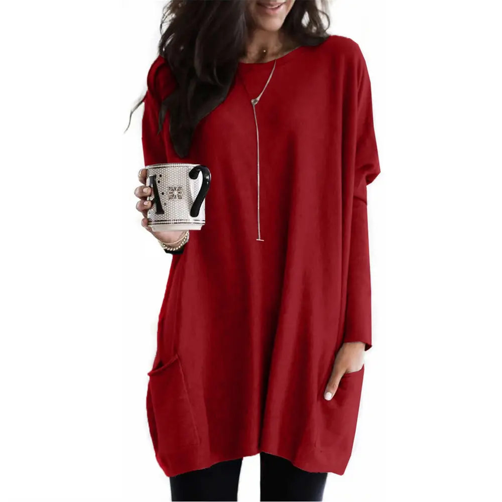 Women Black Bat Sleeve T-Shirt 2024 Casual Round Neck Pocket - Image 3