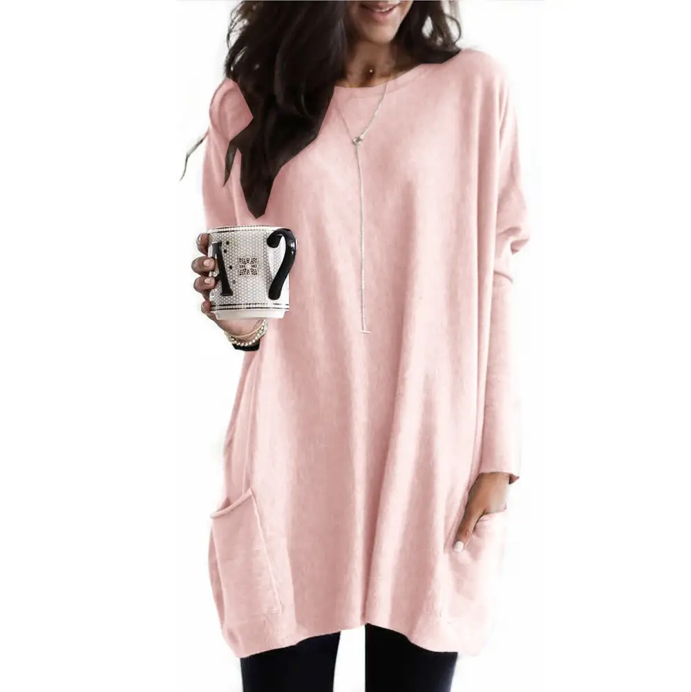 Women Black Bat Sleeve T-Shirt 2024 Casual Round Neck Pocket - Image 5