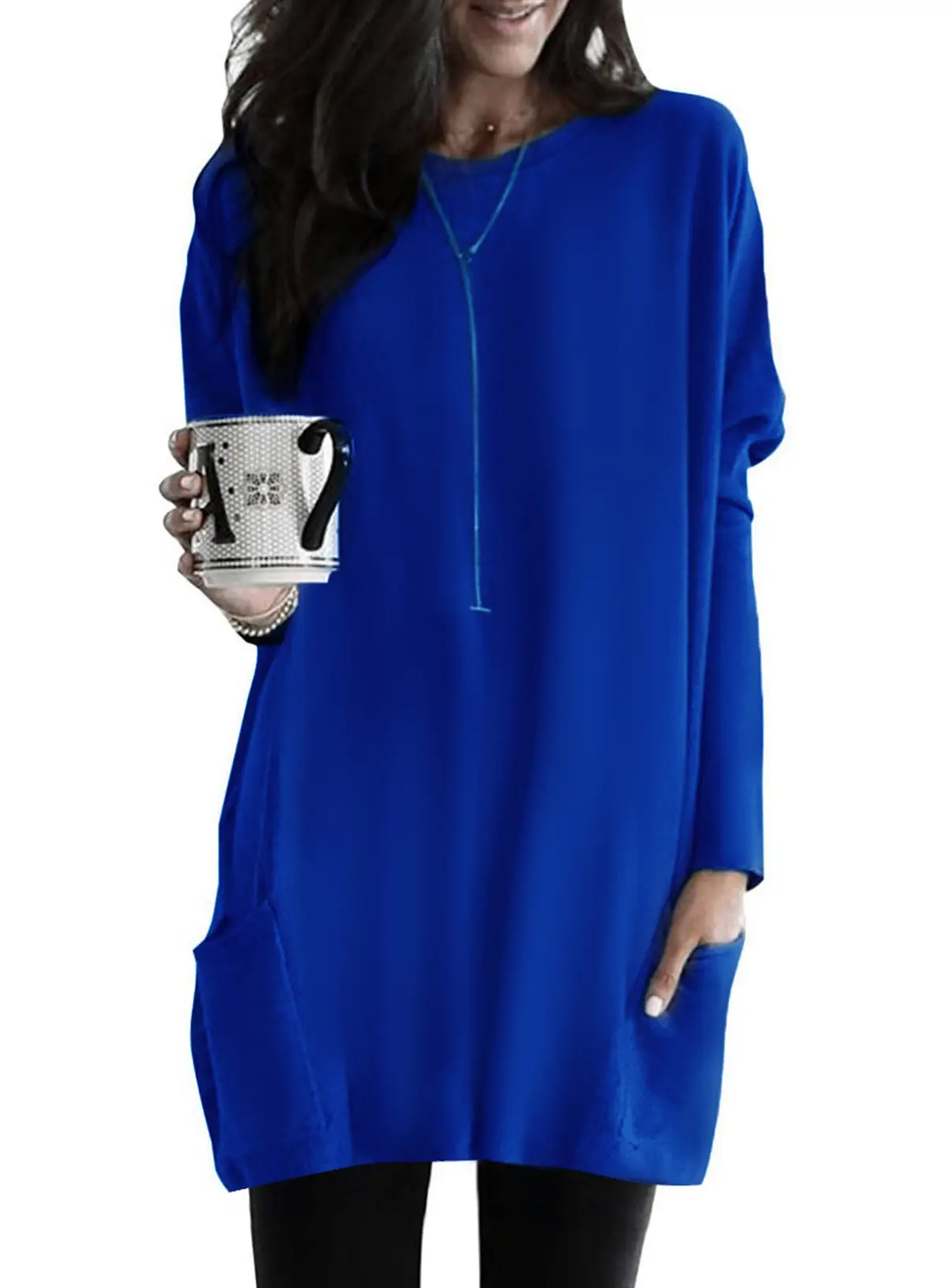 Women Black Bat Sleeve T-Shirt 2024 Casual Round Neck Pocket - Image 8