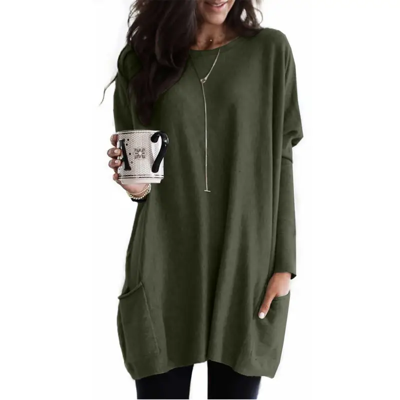 Women Black Bat Sleeve T-Shirt 2024 Casual Round Neck Pocket - Image 9