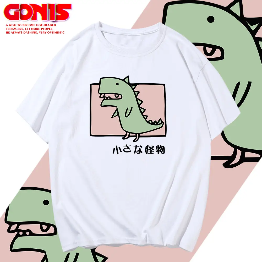 Men Women T-Shirt White Dinosaur Print Summer Loose Cotton