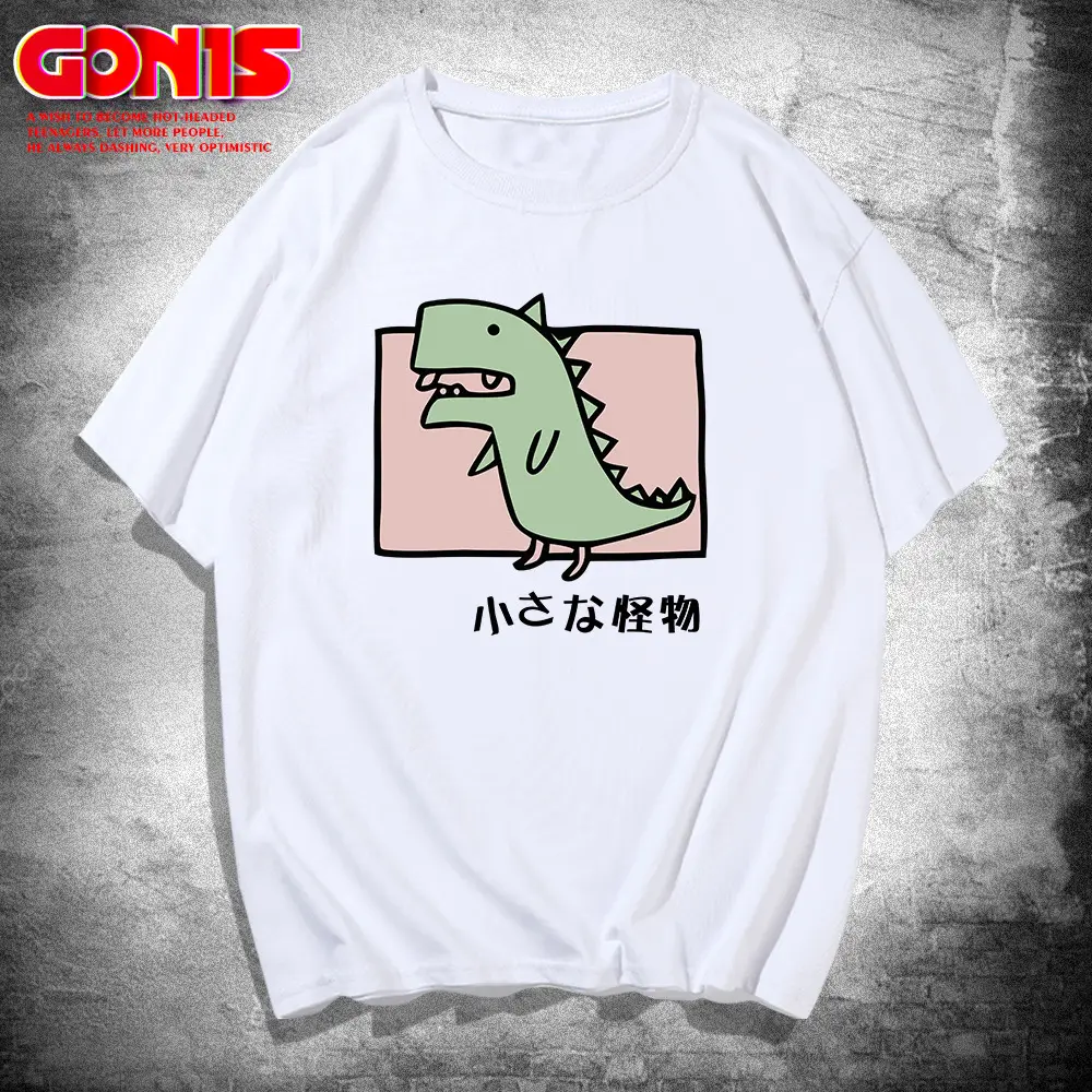 Men Women T-Shirt White Dinosaur Print Summer Loose Cotton