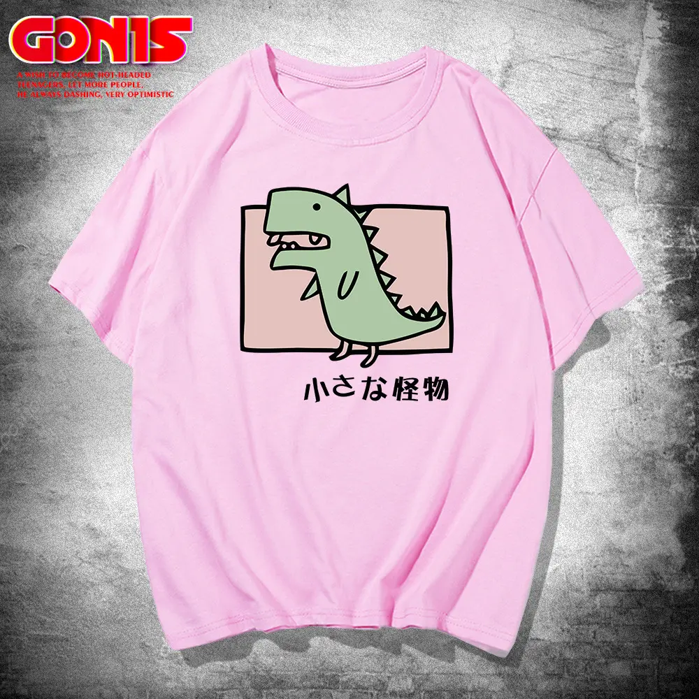 Men Women T-Shirt White Dinosaur Print Summer Loose Cotton