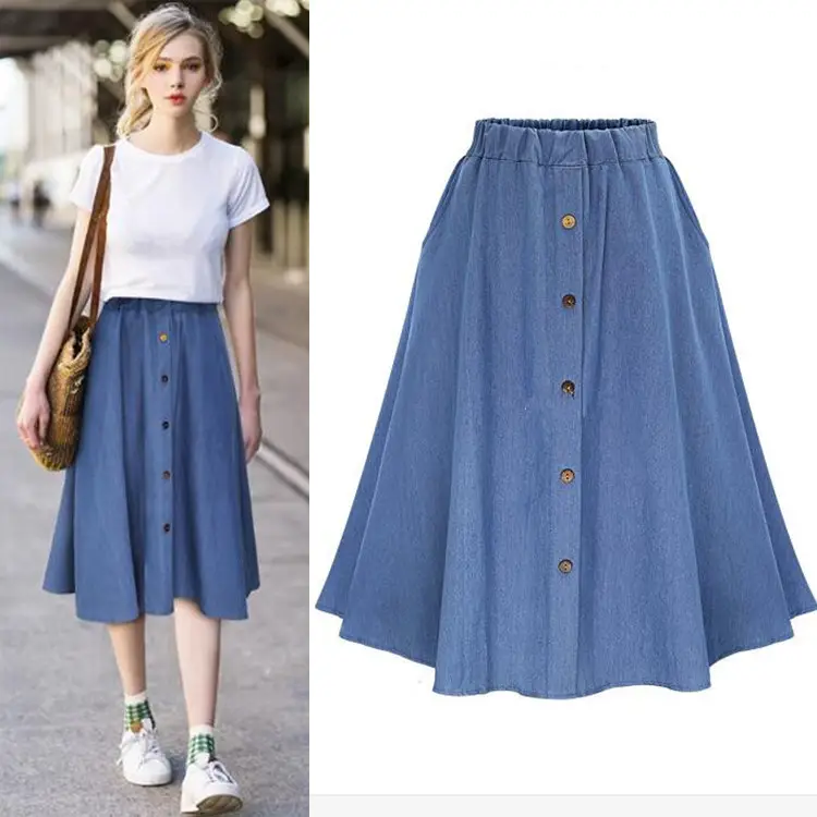Women Denim A-Line Button Skirt Blue Summer - Image 2
