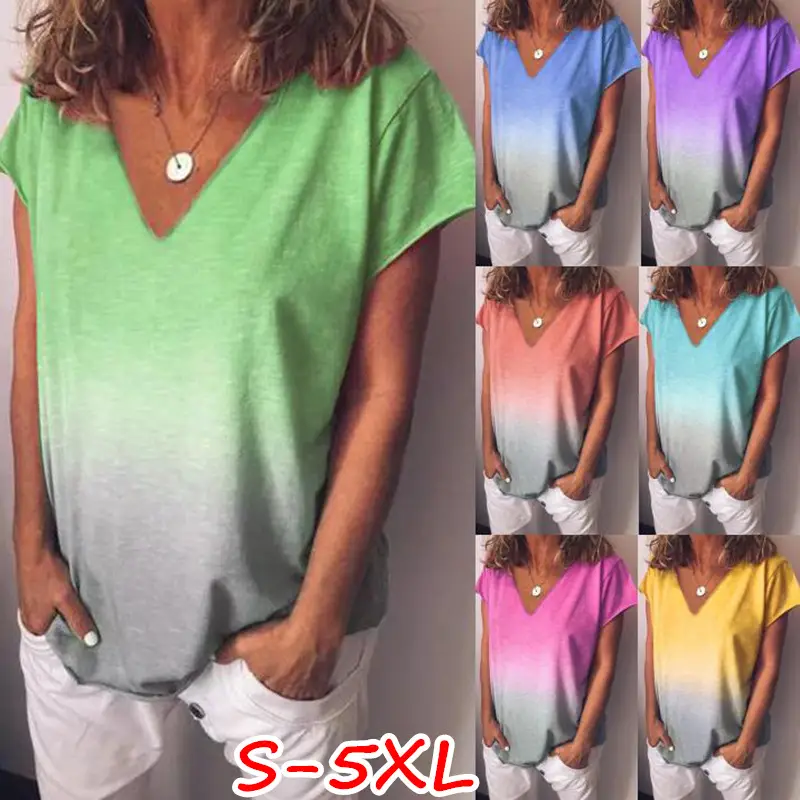 Rainbow Gradient Printed V-Neck T-Shirt Women S-XL - Image 4