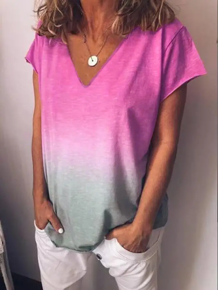 Rainbow Gradient Printed V-Neck T-Shirt Women S-XL - Image 5