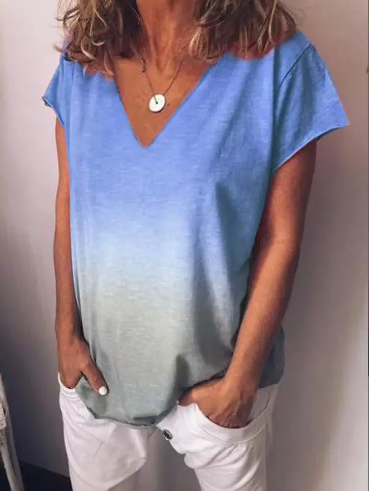 Rainbow Gradient Printed V-Neck T-Shirt Women S-XL - Image 3