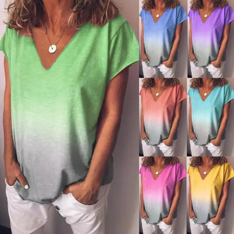 Rainbow Gradient Printed V-Neck T-Shirt Women S-XL - Image 6