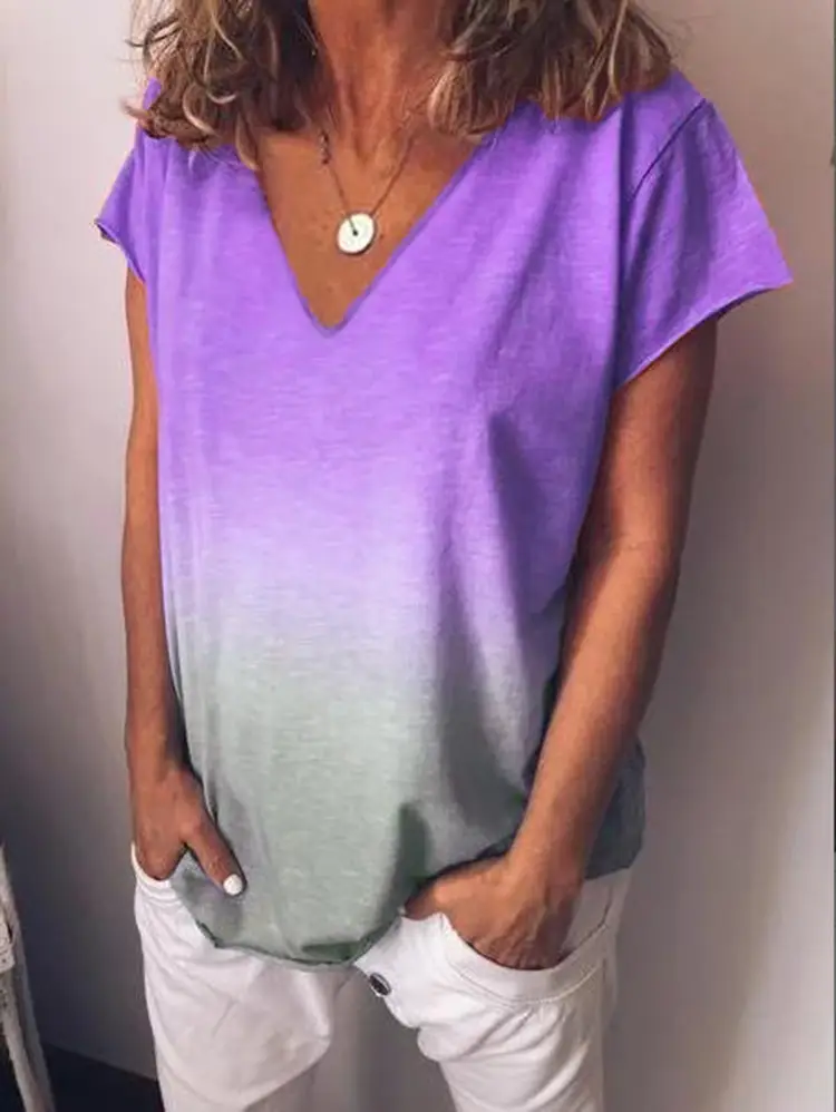 Rainbow Gradient Printed V-Neck T-Shirt Women S-XL - Image 2
