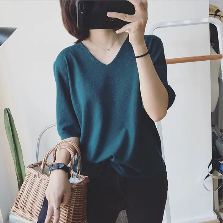 Women V-neck Loose Pullover T-Shirt Brown Mid Sleeve Casual Top - Image 11
