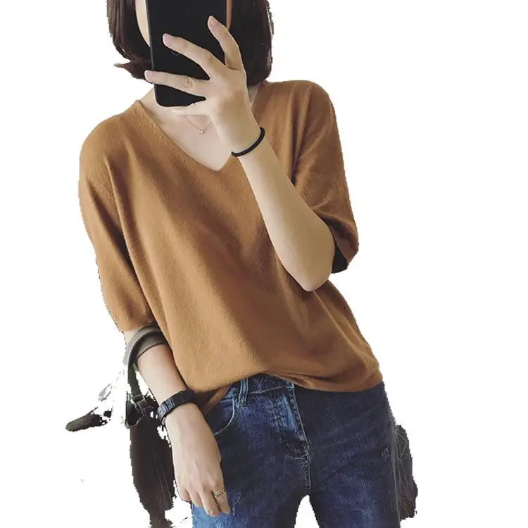 Women V-neck Loose Pullover T-Shirt Brown Mid Sleeve Casual Top - Image 12