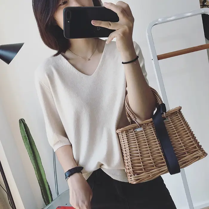 Women V-neck Loose Pullover T-Shirt Brown Mid Sleeve Casual Top - Image 13