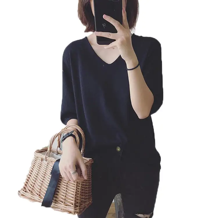 Women V-neck Loose Pullover T-Shirt Brown Mid Sleeve Casual Top - Image 15