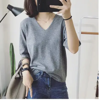 Women V-neck Loose Pullover T-Shirt Brown Mid Sleeve Casual Top - Image 3