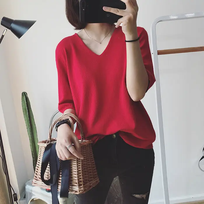 Women V-neck Loose Pullover T-Shirt Brown Mid Sleeve Casual Top - Image 5