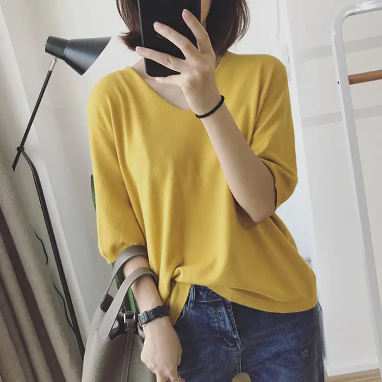 Women V-neck Loose Pullover T-Shirt Brown Mid Sleeve Casual Top - Image 6