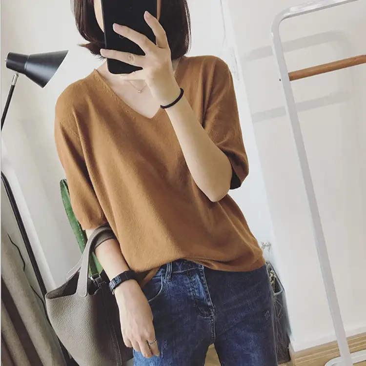 Women V-neck Loose Pullover T-Shirt Brown Mid Sleeve Casual Top - Image 9
