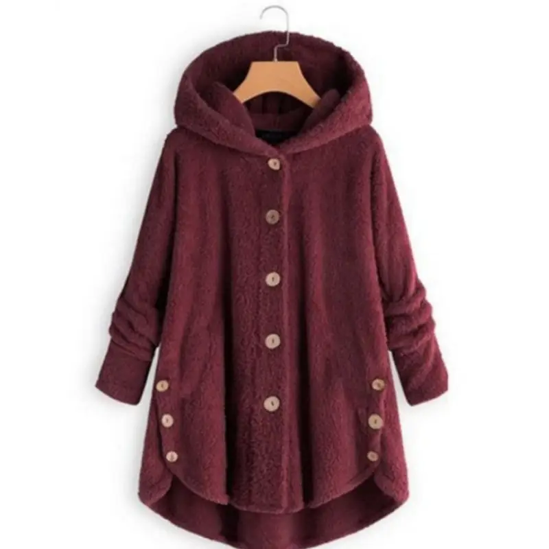 Women's Button Plush Hooded Coat Brown Winter - Image 4