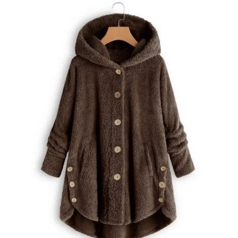 Women's Button Plush Hooded Coat Brown Winter - Image 3
