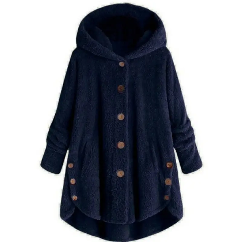 Women's Button Plush Hooded Coat Brown Winter - Image 2