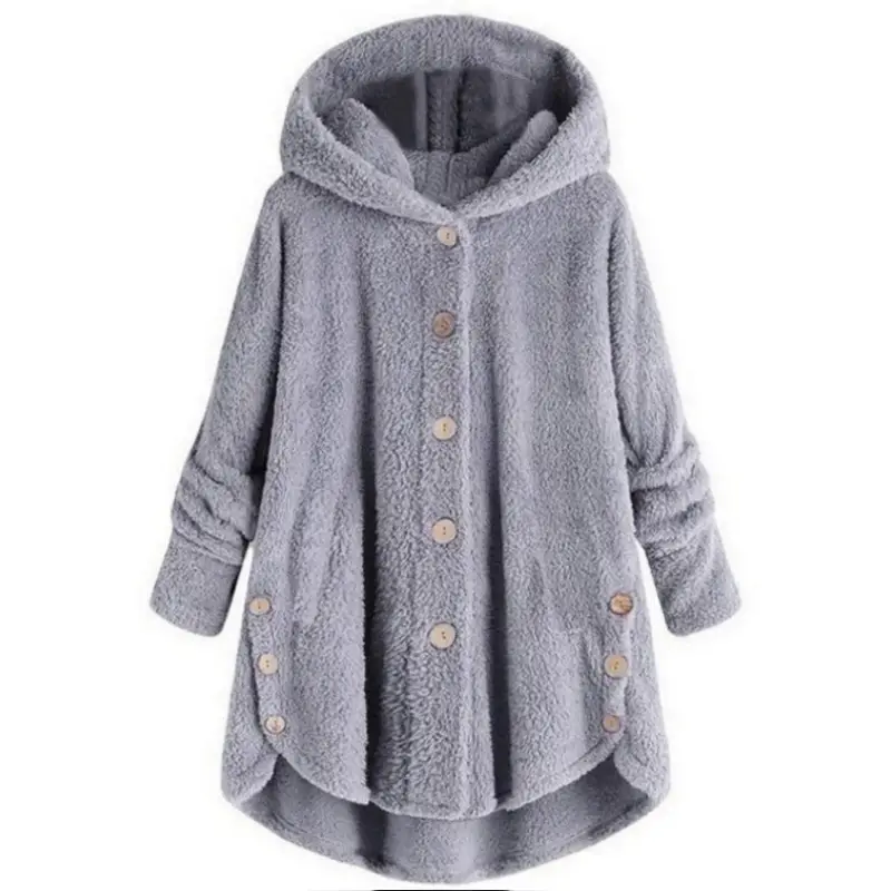 Women's Button Plush Hooded Coat Brown Winter - Image 6