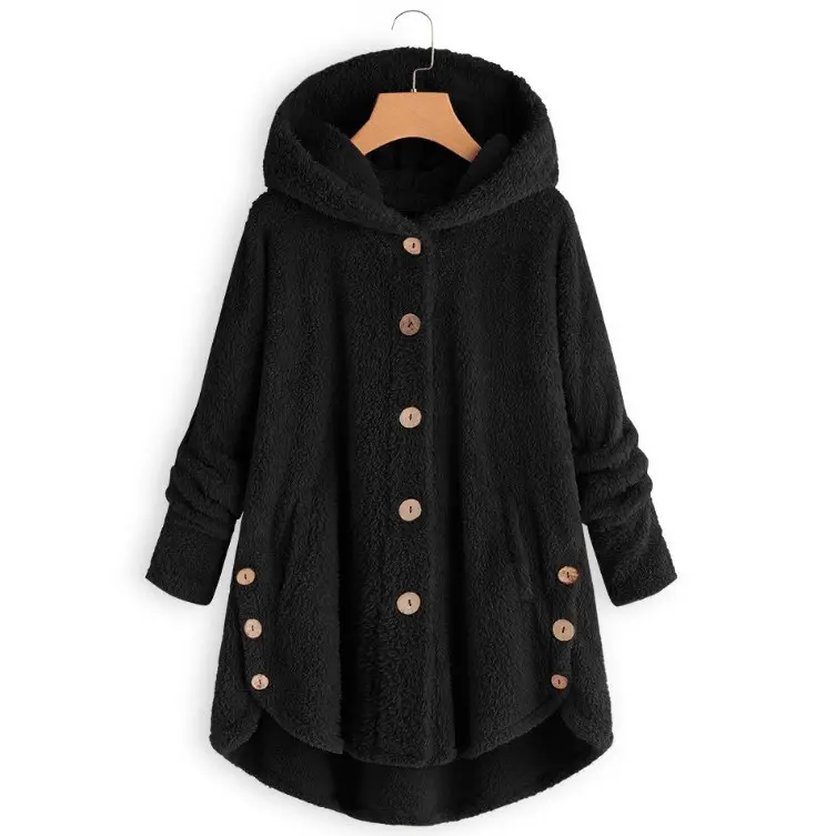 Women's Button Plush Hooded Coat Brown Winter — feature 10