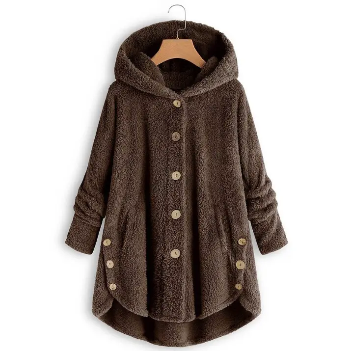 Women's Button Plush Hooded Coat Brown Winter — feature 5