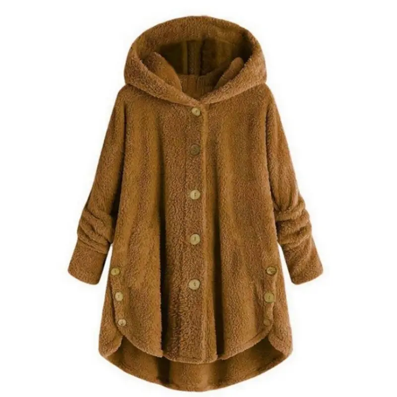 Women's Button Plush Hooded Coat Brown Winter - Image 5