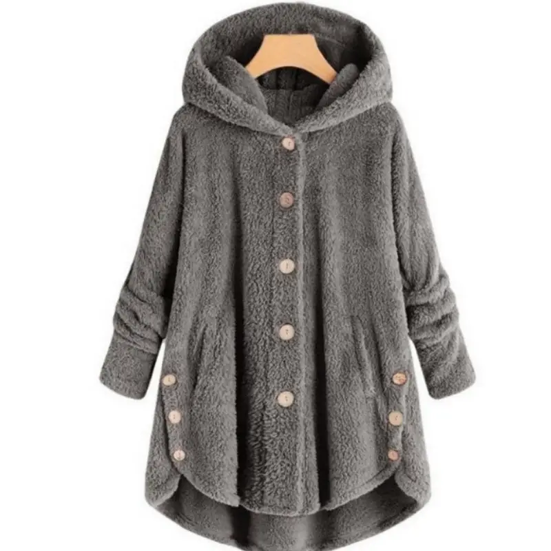Women's Button Plush Hooded Coat Brown Winter - Image 7