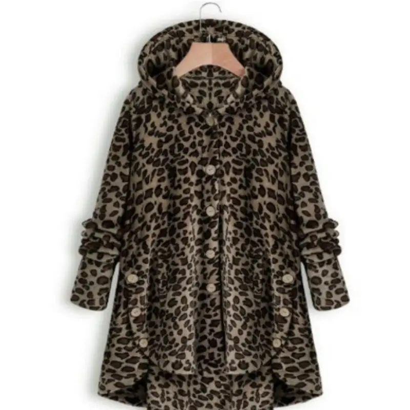 Women's Button Plush Hooded Coat Brown Winter - Image 9