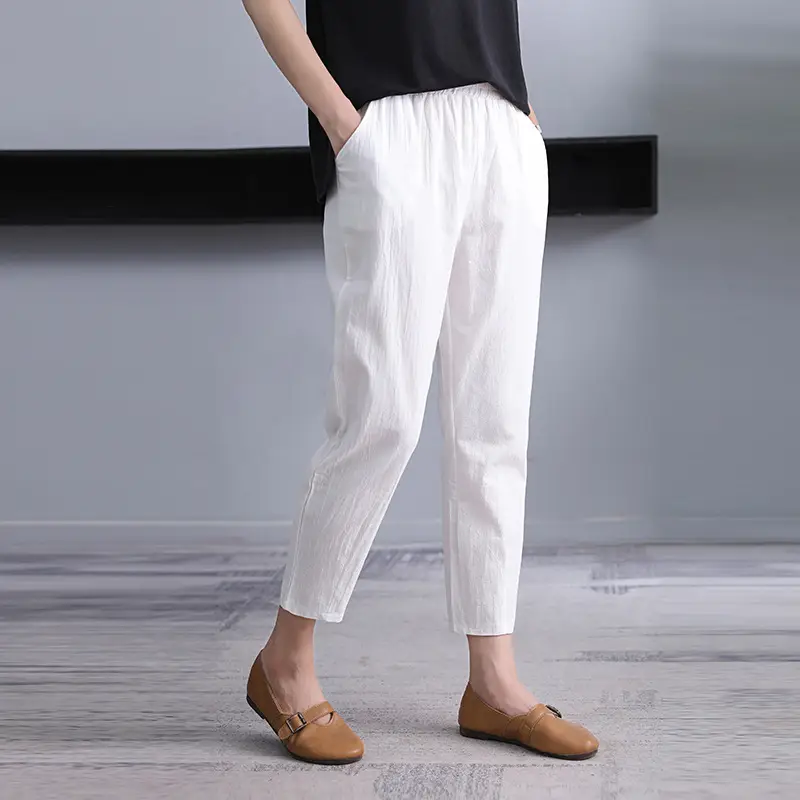 Women Linen Cropped Harem Pants Yellow - Image 4