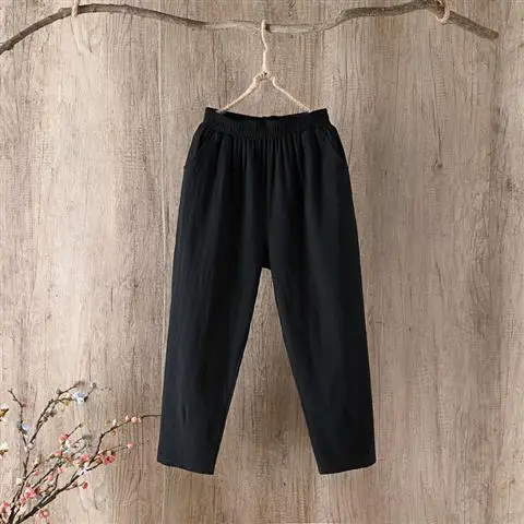 Women Linen Cropped Harem Pants Yellow - Image 2