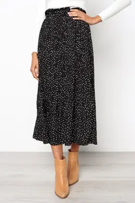 Black Polka Dot Flap Pocket Skirt with Pleated Hem - Image 3