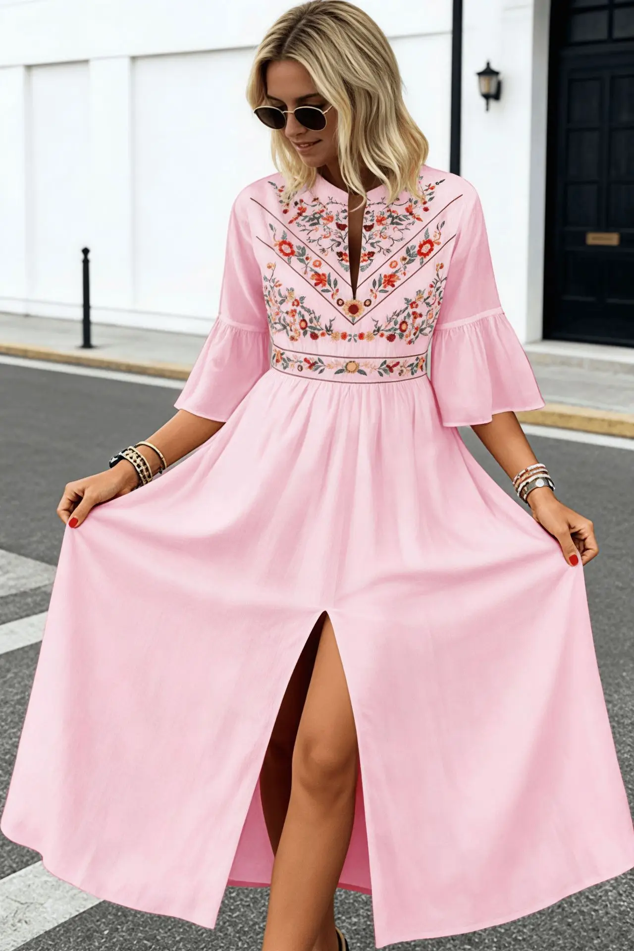 Black Ethnic Printed A-Line Dress with Patchwork Design — feature 7