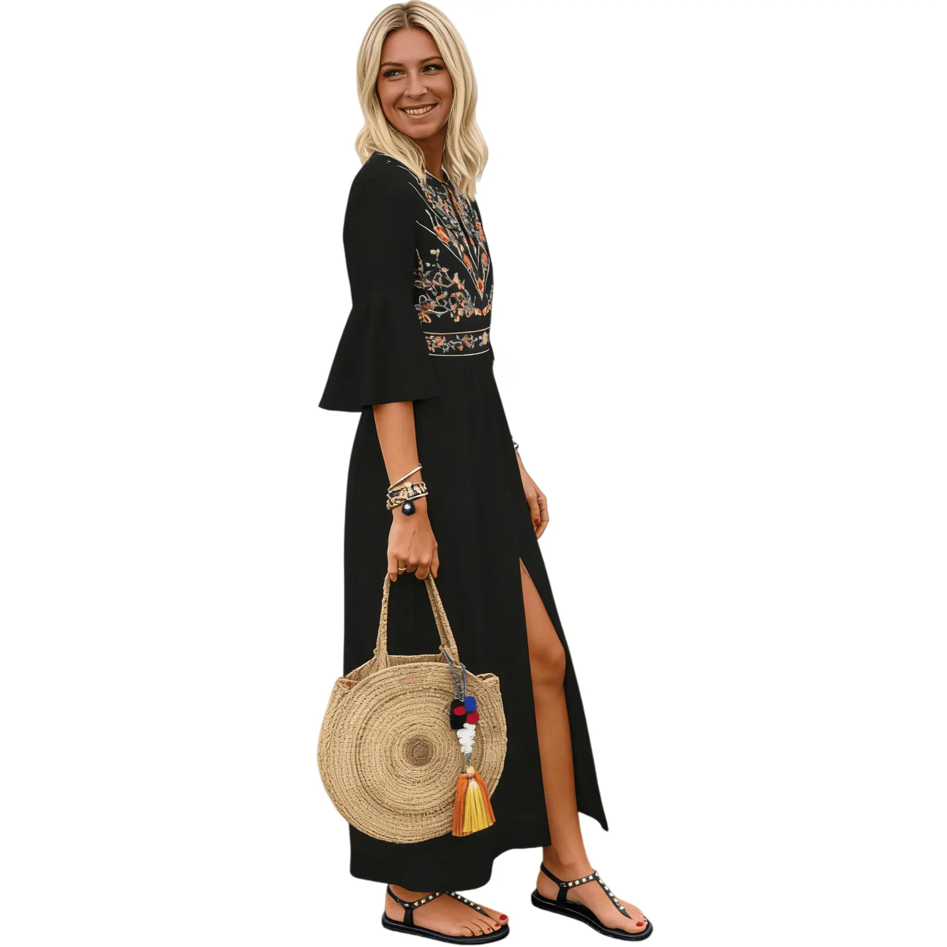 Black Ethnic Printed A-Line Dress with Patchwork Design - Image 3