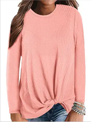 New Hot 2021 Pink Waffle Knit Long Sleeve T-Shirt - Image 4