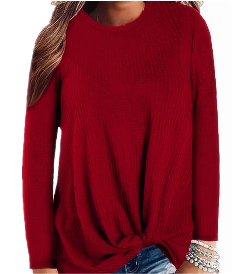 New Hot 2021 Pink Waffle Knit Long Sleeve T-Shirt - Image 7