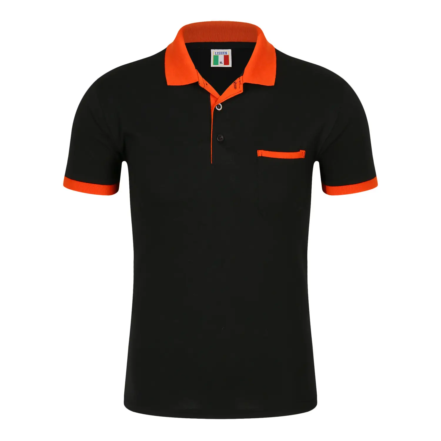 Unisex Black Polo T-Shirt with Red Collar & Flap Pocket - Image 2