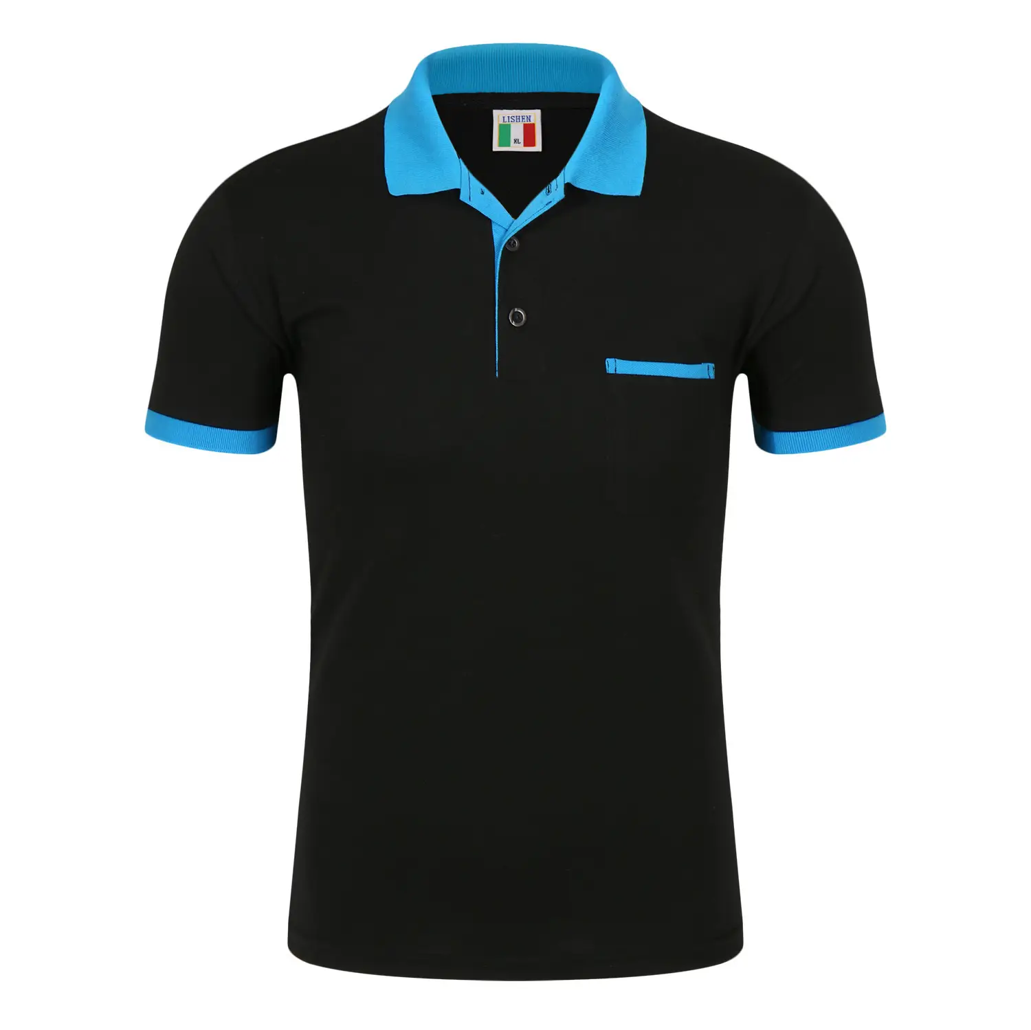 Unisex Black Polo T-Shirt with Red Collar & Flap Pocket - Image 6