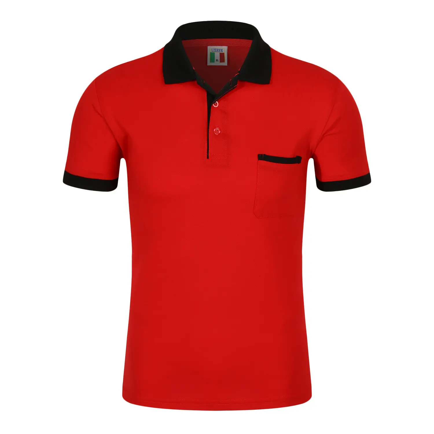 Unisex Black Polo T-Shirt with Red Collar & Flap Pocket - Image 12