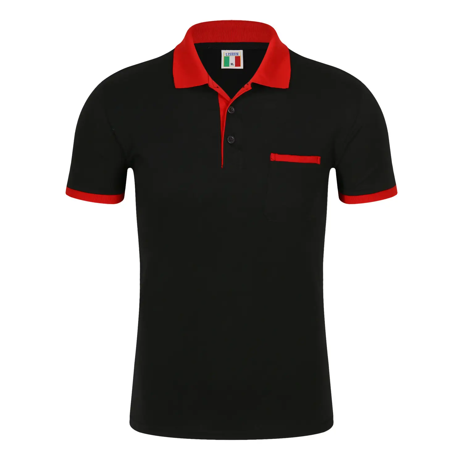 Unisex Black Polo T-Shirt with Red Collar & Flap Pocket - Image 3
