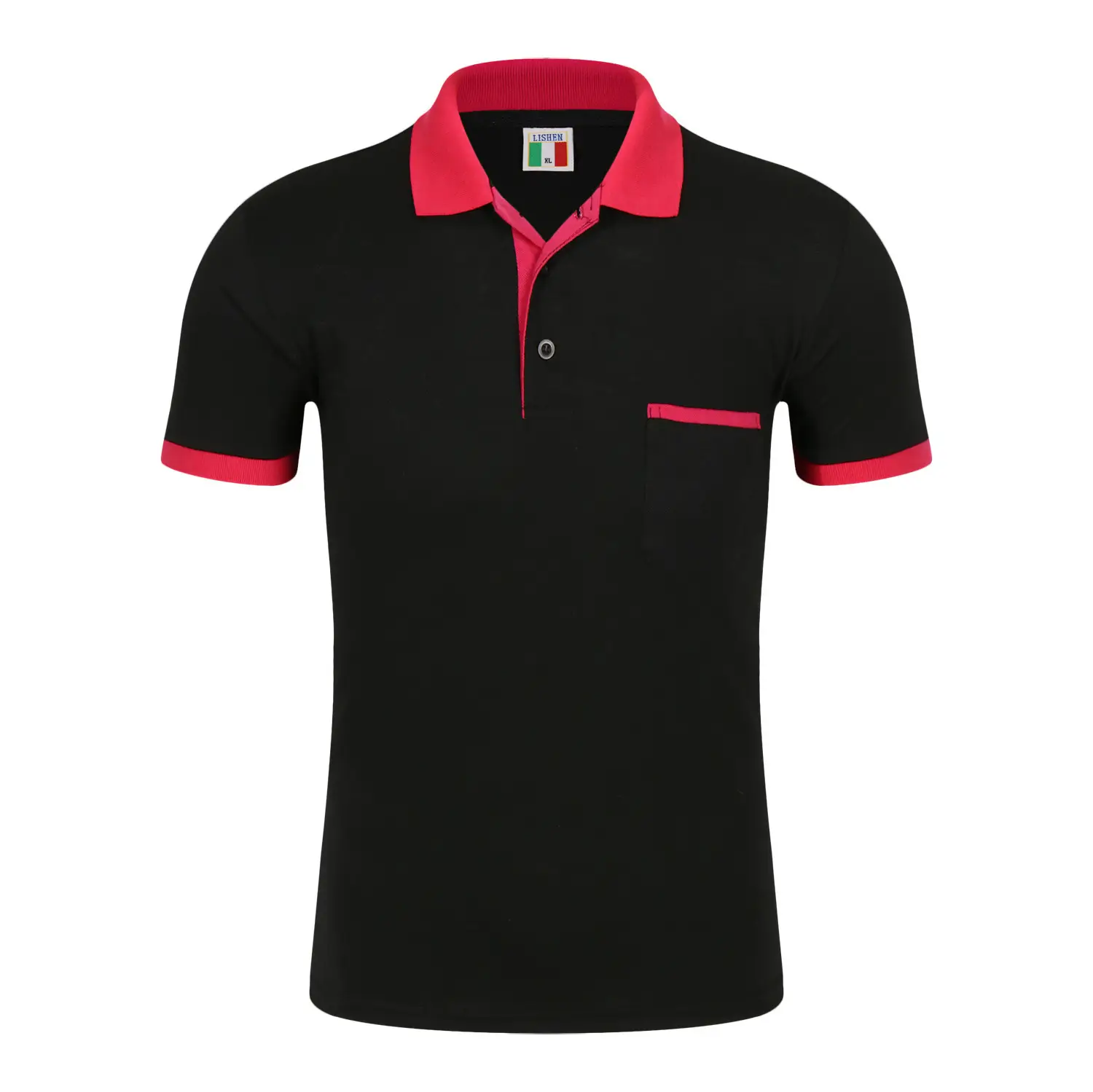 Unisex Black Polo T-Shirt with Red Collar & Flap Pocket - Image 4