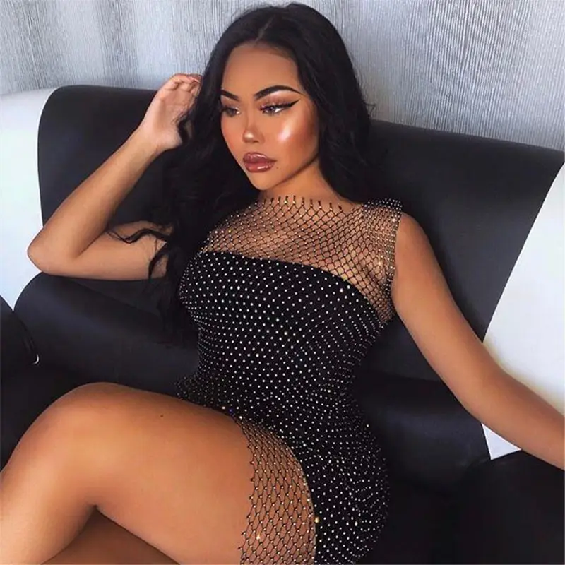 2025 Women's Rhinestone Mesh Fishnet Dress Black - Image 13
